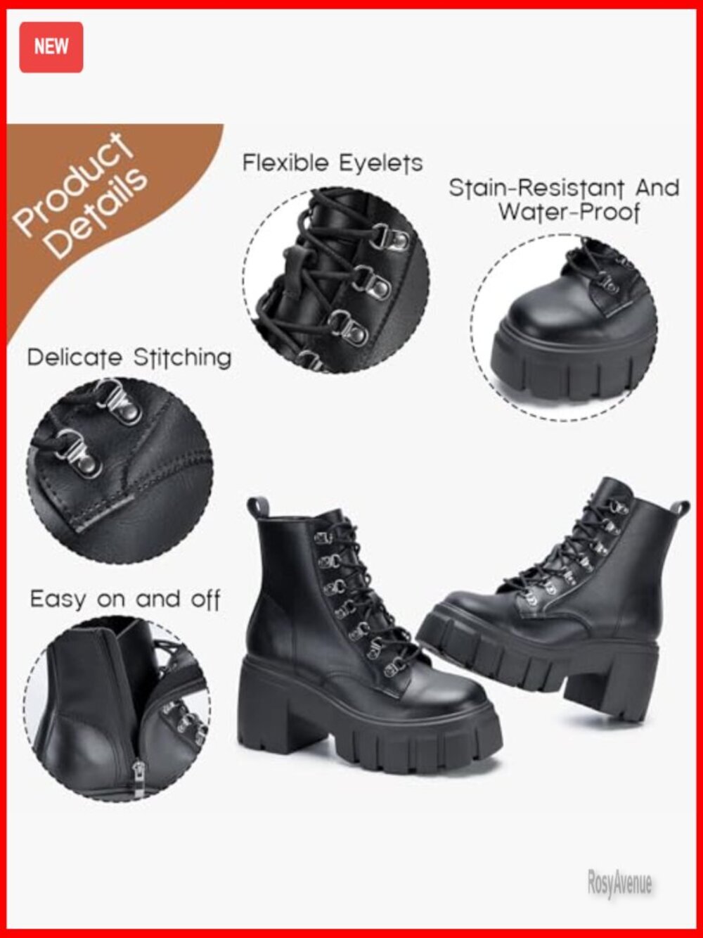 Lightweight Combat Boots Lace Up Side Zipper Chunky Platform Lug Sole - Picture 3 of 7